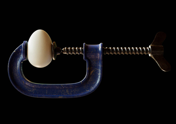 Una imagen conceptual de una pinza G de estilo vintage azul desgastado sosteniendo un huevo de gallina regular sobre un fondo de estudio negro aislado - 3D render - Foto, imagen