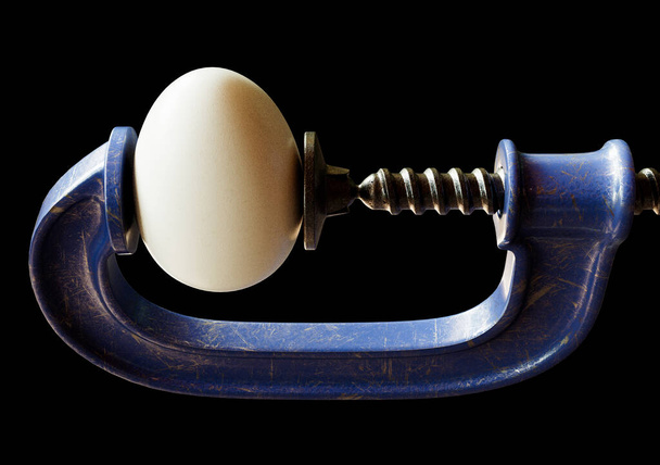 Una imagen conceptual de una pinza G de estilo vintage azul desgastado sosteniendo un huevo de gallina regular sobre un fondo de estudio negro aislado - 3D render - Foto, imagen