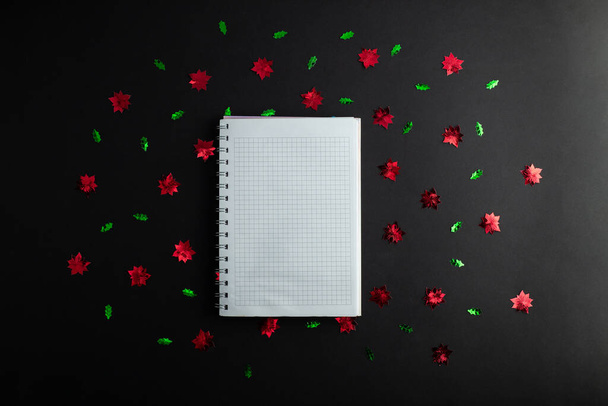 top view photo of notebook, writing in spiral notepad letter to santa on isolated black background with copyspace. Concept happy new year, merry Christmas, valentines da - Photo, Image