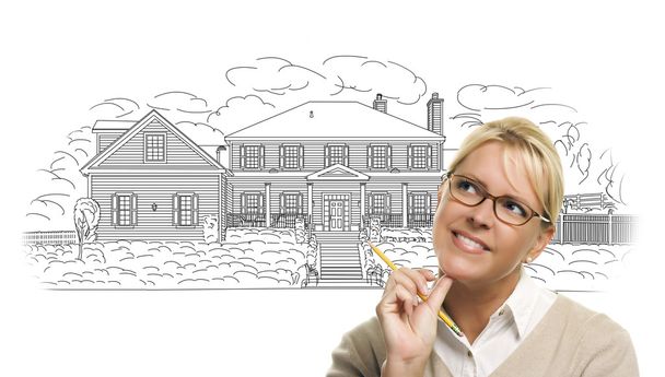 Жінка з олівцем над будинком малює на білому
 - Фото, зображення