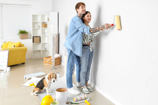 Nuori pari Beagle koira maalaus kevyt seinä korjauksen aikana uudessa talossa - Valokuva, kuva