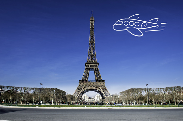 Paris Eiffel tower with plane drawing - Photo, Image