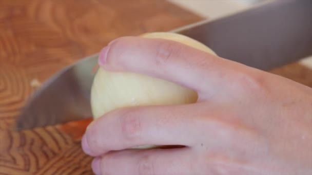 A woman chopping an onion - Filmati, video