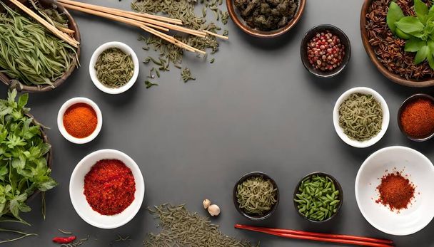 Descubre el vibrante mundo de las hierbas japonesas y los ingredientes picantes con nuestra esencia herbal. Sumérgete en la sinfonía culinaria de imágenes reales y de primera vista que capturan la esencia de auténticos sabores japoneses. - Foto, Imagen