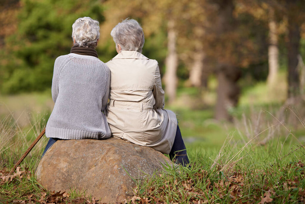Starsze kobiety, emerytury i powrót do natury, wsparcie i więzi na świeżym powietrzu. Osoby w podeszłym wieku, przyjaźń i zaufanie do ogrodu lub parku, opieka i relaks na wakacjach lub podróży na wakacje. - Zdjęcie, obraz