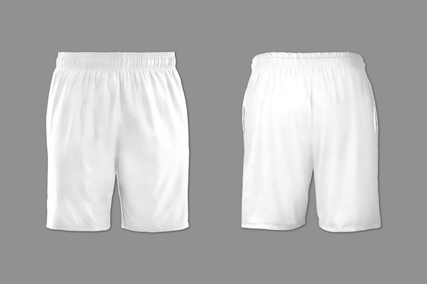 Pantalones cortos blancos realistas maqueta aislada sobre un fondo gris. vista frontal y trasera. renderizado 3d. - Foto, imagen