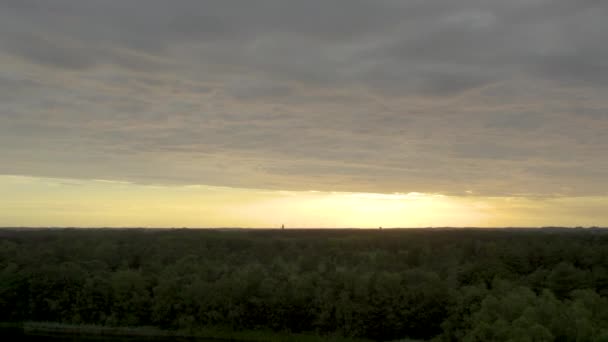 Il filmato del drone cattura il momento maestoso in cui la prima luce dell'alba irrompe tra le nuvole, proiettando un bagliore di speranza su una foresta apparentemente infinita. Il cielo mattutino, strutturato con - Filmati, video