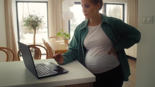 Mujer embarazada usando el ordenador portátil en casa - Metraje, vídeo