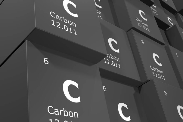 Углерод, 3D рендеринг фона кубов символов элементов периодической таблицы, атомный номер, атомный вес, имя и символ. Образование, наука и техника. 3D иллюстрация - Фото, изображение