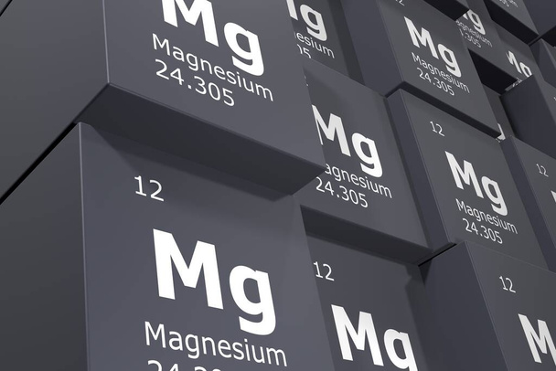 Magnesium, 3D renderöinti tausta kuutioiden symboleja elementtejä jaksollisen, atomiluku, atomipaino, nimi ja symboli. Koulutus, tiede ja teknologia. 3D-kuva - Valokuva, kuva