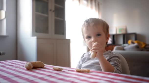 Watch as a little boy takes a magical journey into his imagination, while sitting at a table adorned with a vibrant red and white checkered tablecloth. - Footage, Video
