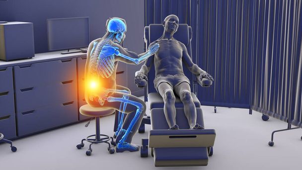 Illustration 3D symbolisant les maladies professionnelles dans les soins de santé, mettant en vedette un médecin souffrant de maux de dos dus au stress lié au travail. - Photo, image