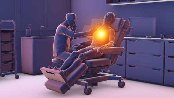 3D-illustratie van een mannelijke patiënt op een medisch wiel die pijn in het hart ervaart in een ziekenhuisopname, die de urgentie van cardiovasculaire nood overbrengt. - Foto, afbeelding