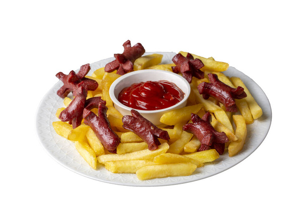 French fries and sausage fries platter (Turkish name; patates ve sosis kizartmasi) - Photo, Image