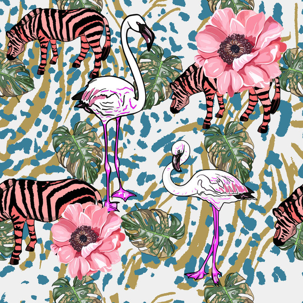 Nahtloses Muster mit tropischen Blumen, Zebras, Flamingos, Tigerflecken. Muster aus mehrfarbigen Elementen. Zum Drucken, Bedrucken von Textilien, Sportbekleidung - Vektor, Bild