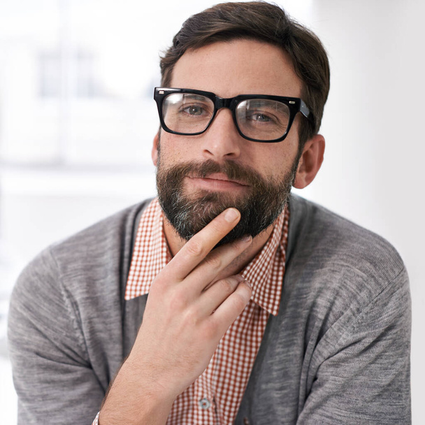 Thinking, portrait and business man with glasses in office for thoughtful, brainstorming or planning. Why, questions or male entrepreneur with solution, problem solving or curious with how to gesture. - Photo, Image