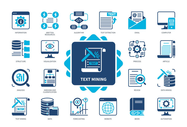 Text Mining icon set. Written Resources, Data Mining, Text Extraction, Algorithm, Analysis, Process, Article, Forecasting. Duotone color solid icons - Vector, Image
