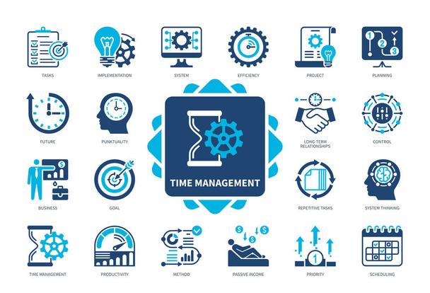Time Management icon set. Planning, Scheduling, Productivity, Project, Tasks, Passive Income, Implementation, Priority. Duotone color solid icons - Vector, Image