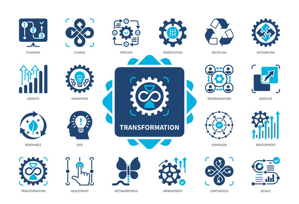 Transformation icon set. Metamorphosis, Modification, Process, Integration, Change, Innovation, Displace, Continuos. Duotone color solid icons - Vector, Image