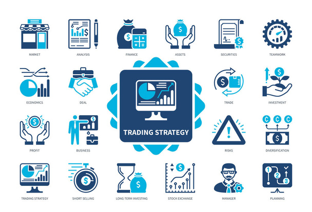 Trading Strategy icon set. Securities, Short Selling, Planning, Diversification, Market, Stock Exchange, Profit, Analysis. Duotone color solid icons - Vector, Image
