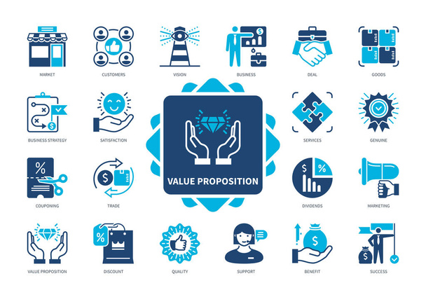 Value Proposition Icon gesetzt. Markt, Waren, Dienstleistungen, Kunden, Zufriedenheit, Nutzen, Discount, Kosten, Geschäftsstrategie. Duotonfarbe einfarbige Symbole - Vektor, Bild