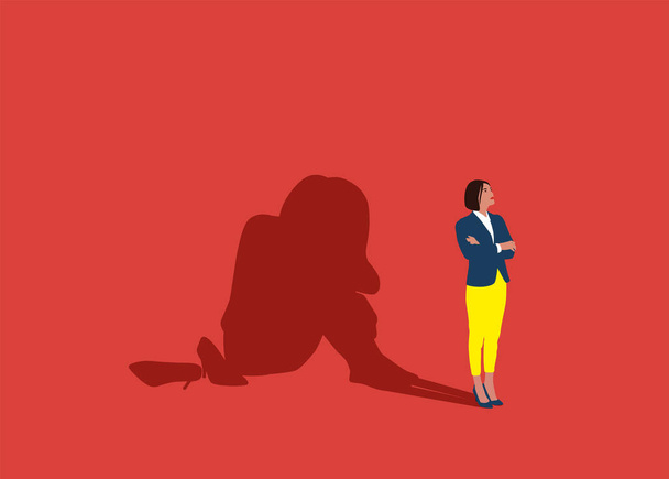 Unhappy female standing with shadow sitting on floor and hugging knees. Female empowerment movement. Flat vector illustration. - Vector, Image