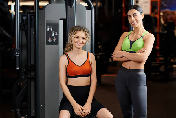 jolly attractive female coach and her cheerful client looking at camera near chest press machine - Zdjęcie, obraz