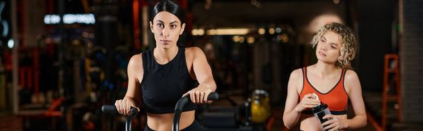 femme sportive énergique utilisant un cross-trainer moderne dans la salle de gym à côté de son entraîneur féminin athlétique, bannière - Photo, image