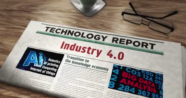 Ipar 4.0 technológia robotika és automatizálás napi újság az asztalon. Legfrissebb hírek absztrakt koncepció 3d. - Felvétel, videó