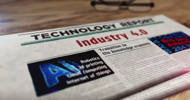 Βιομηχανία 4.0 ρομποτική τεχνολογία και αυτοματοποίηση καθημερινή εφημερίδα στο τραπέζι. Τίτλοι ειδήσεων αφηρημένη έννοια 3d. - Πλάνα, βίντεο