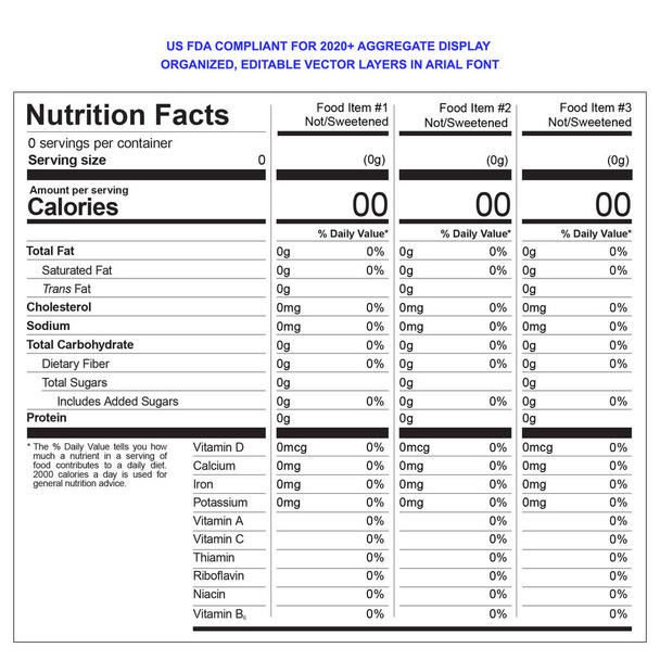 Modelo de Fatos Nutricionais - Agregado para Múltiplos Itens de Alimentos - US FDA Compliant 2020 Texto Editável em Fonte Arial - Vetor, Imagem