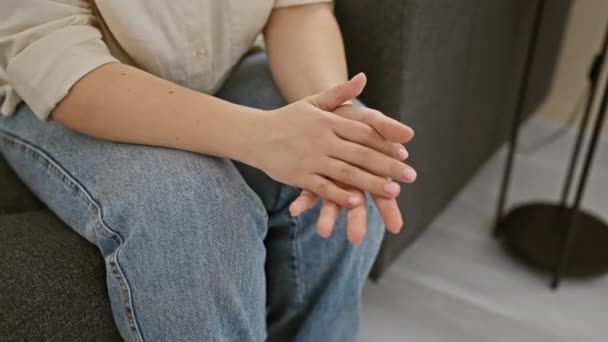 Une femme en tenue décontractée s'assoit les jambes croisées sur un canapé, serrant les mains, dans un cadre confortable de salon. - Séquence, vidéo