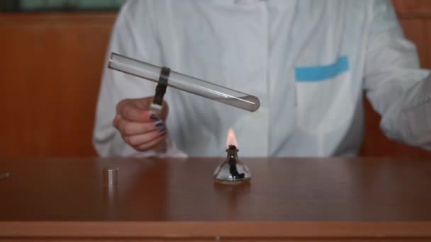 Warming test-tubes with liquid on a spirit-lamp - Felvétel, videó