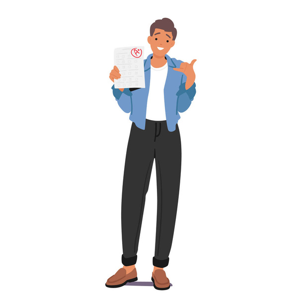 Ecstatic Male Student Character Proudly Displays His A Plus Test Result, Beaming With Achievement And Success, Radiating Confidence And Academic Excellence. Cartoon People Vector Illustration - Vector, Image