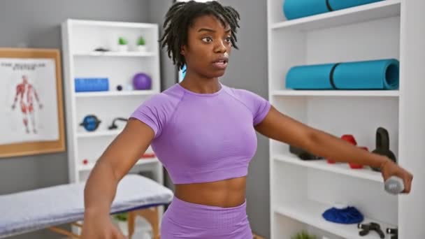 Egy fiatal afro-amerikai nő, aki egy rehab klinikán dolgozik, súlyzózik egy fitnesz edzésen.. - Felvétel, videó