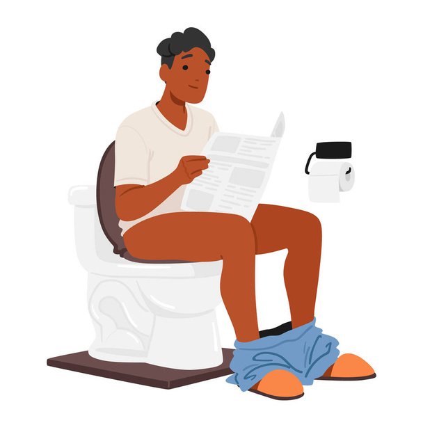 Πρωινή Τελετή Ανδρικού Χαρακτήρα. Ο άνθρωπος κάθεται στην τουαλέτα, αηδιασμένος στην εφημερίδα, δημιουργώντας ένα μοναδικό μείγμα χαλάρωσης και απορρόφησης πληροφοριών. Καθημερινή έννοια ρουτίνας. Γελοιογραφία Άνθρωποι Εικονογράφηση διάνυσμα - Διάνυσμα, εικόνα