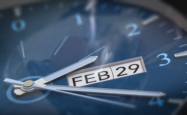 Reloj con el 29 de febrero escrito en él. Concepto de año bisiesto. ilustración 3d. - Foto, imagen
