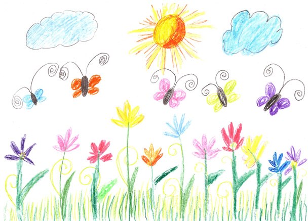 Child drawing butterfly and flowers nature - Photo, Image