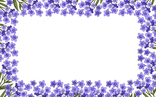 Marco de borde horizontal con flores de color púrpura olvidarme-no. Diseño botánico primaveral con ramas de flores de color púrpura y hojas verdes. Fondo lindo para tarjetas e invitación - Foto, imagen
