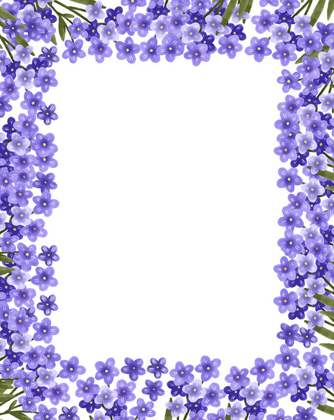 Вертикальная рамка с фиолетовыми цветами. Нежный весенний ботанический дизайн с фиолетовыми цветущими цветами и зелеными листьями. Симпатичный фон для открыток и приглашений - Фото, изображение