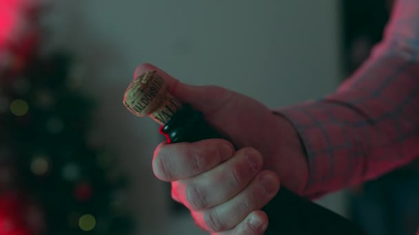 Primo piano del tappo di sughero spuntando bottiglia di champagne, festa di Capodanno - Filmati, video
