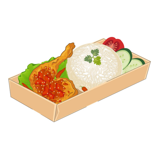 Nourriture indonésienne Poulet écrasé ou ayam geprek dans une boîte en papier illustration vectorielle logo - Vecteur, image