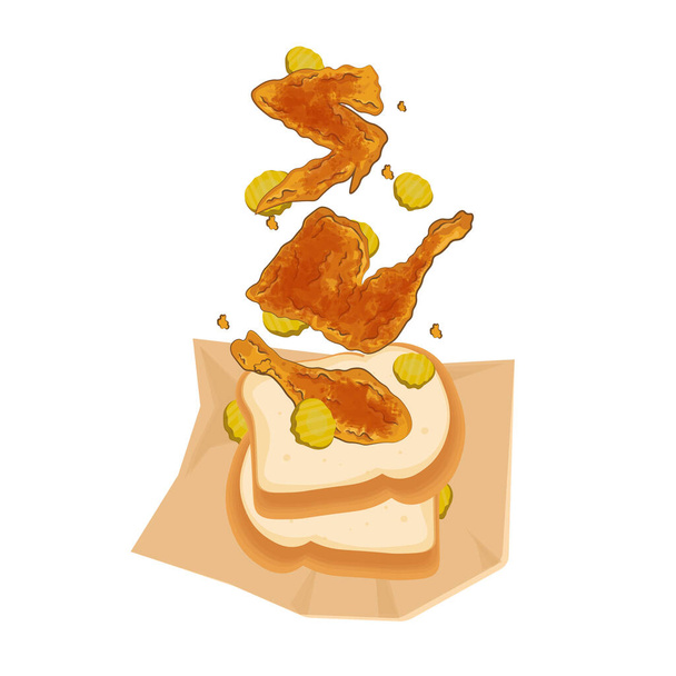 Illustration vectorielle lévitation Poulet chaud de Nashville avec pain et cornichons  - Vecteur, image
