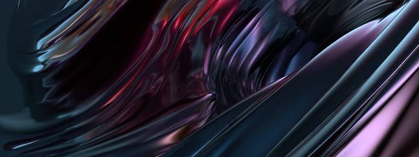 Koyu Atmosferik Mor ve Mavi Dalgalı Metal Tabaka Yansıtıcı Mistik Geleceğsel Jeometrik Zarif Modern 3D Çizim Soyut Arka plan Yüksek Kaliteli 3D Görüntü - Fotoğraf, Görsel
