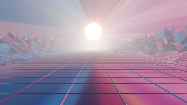 Домінуюча неоновою кольоровою палітрою, ця сцена представляє сюрреалістичне середовище з особливим кубовим світлом як фокусною точкою. Каркасний пейзаж втілює класичну естетику 80-х років, поєднуючи цифрову ностальгію з футуристичними елементами - Фото, зображення