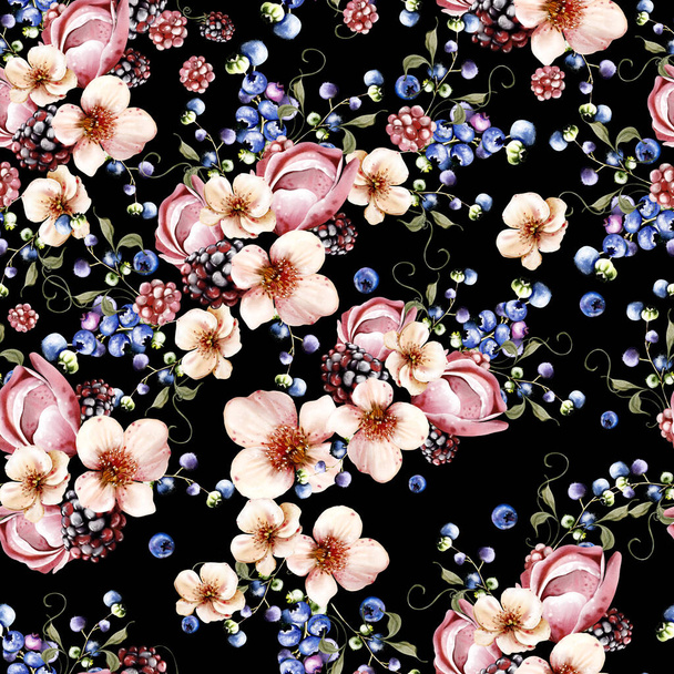 Aquarell nahtloses Muster aus schönen Blüten und Brombeeren mit grünen Blättern. Illustration - Foto, Bild