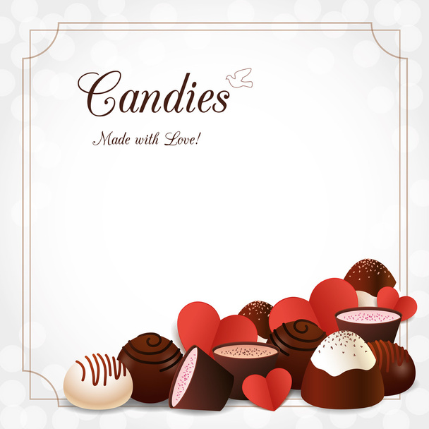 Chocolate candies and paper hearts - Vector, Image