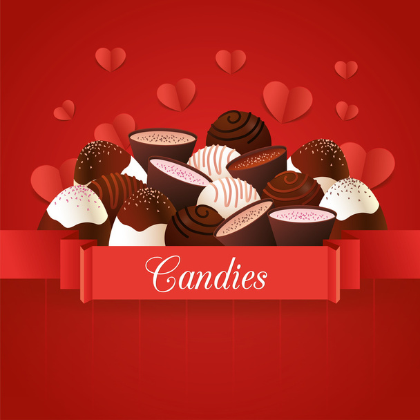 Шоколадні цукерки, серця та стрічки
 - Вектор, зображення