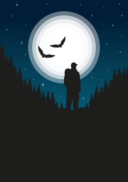 Man with backpack standing on top of cliff. Traveler in night looking on valley with owl poster. Concept of discovery, explorer hiking, adventure tourism and travel. Mid century modern minimalist art print - Vector, Image