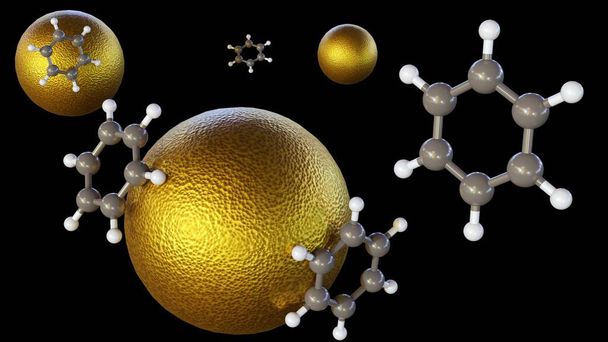 3d renderowanie cząsteczek benzenu skoniugowanych nanocząstek złota (Au) (NP) na białym tle - Zdjęcie, obraz